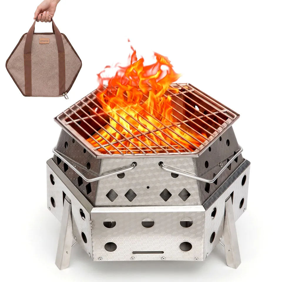kingcamp-hexagonal-telescopic-wood-burning-stove-with-grill-and-fire-pit image 1