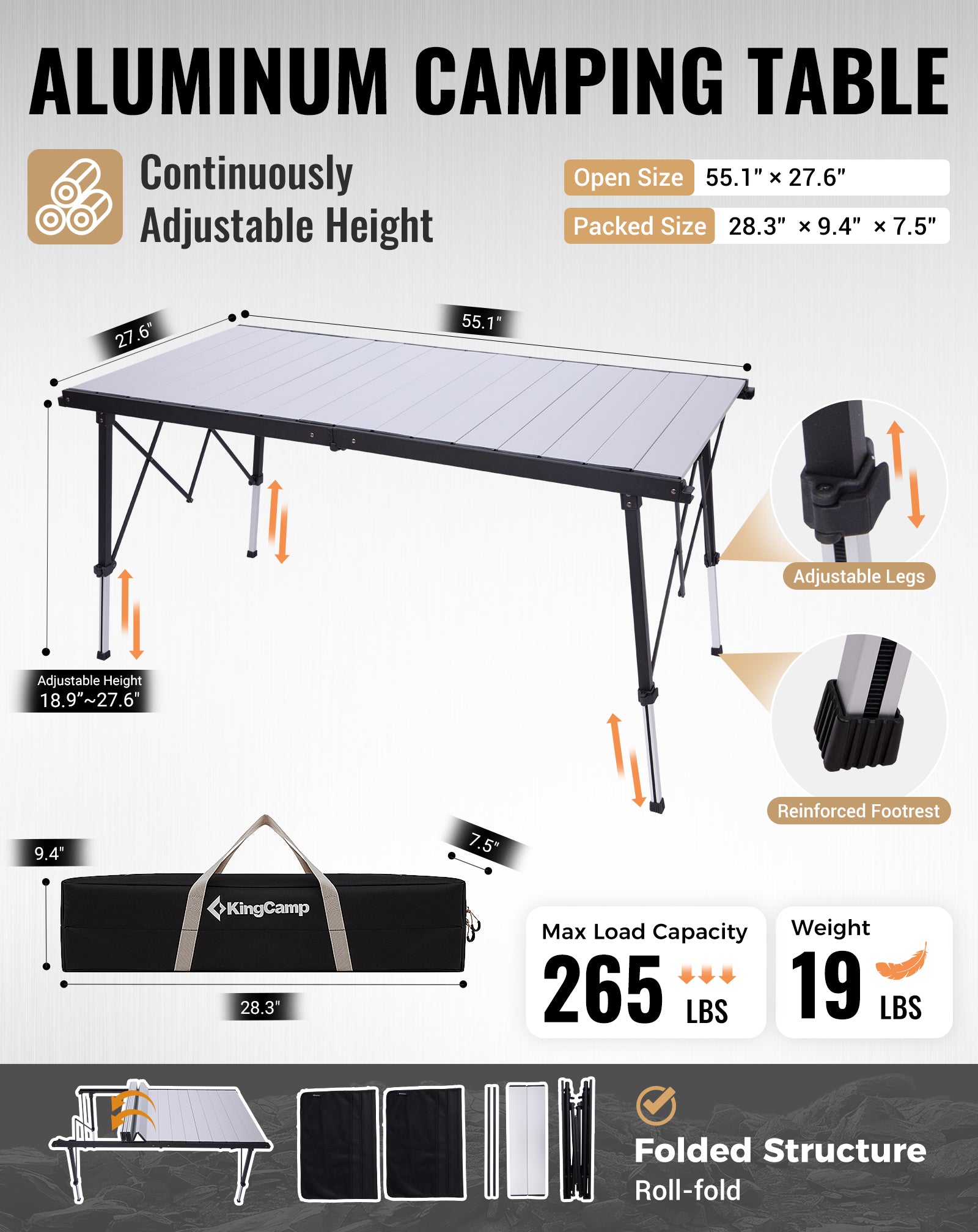 kingcamp-granite-adjustable-aluminum-camping-table-55x27-inches image 6