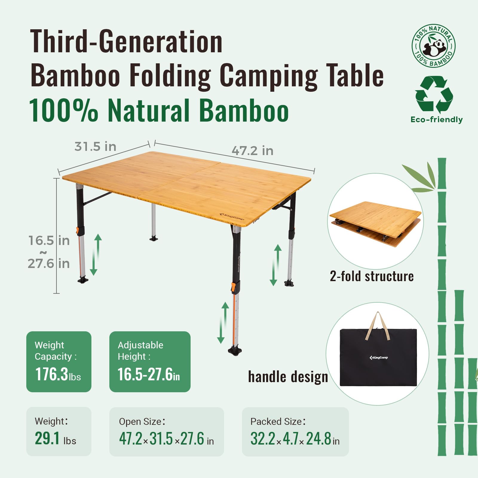 kingcamp-bamboo-folding-camping-table-pro-adjustable-height-4-fold-design image 2