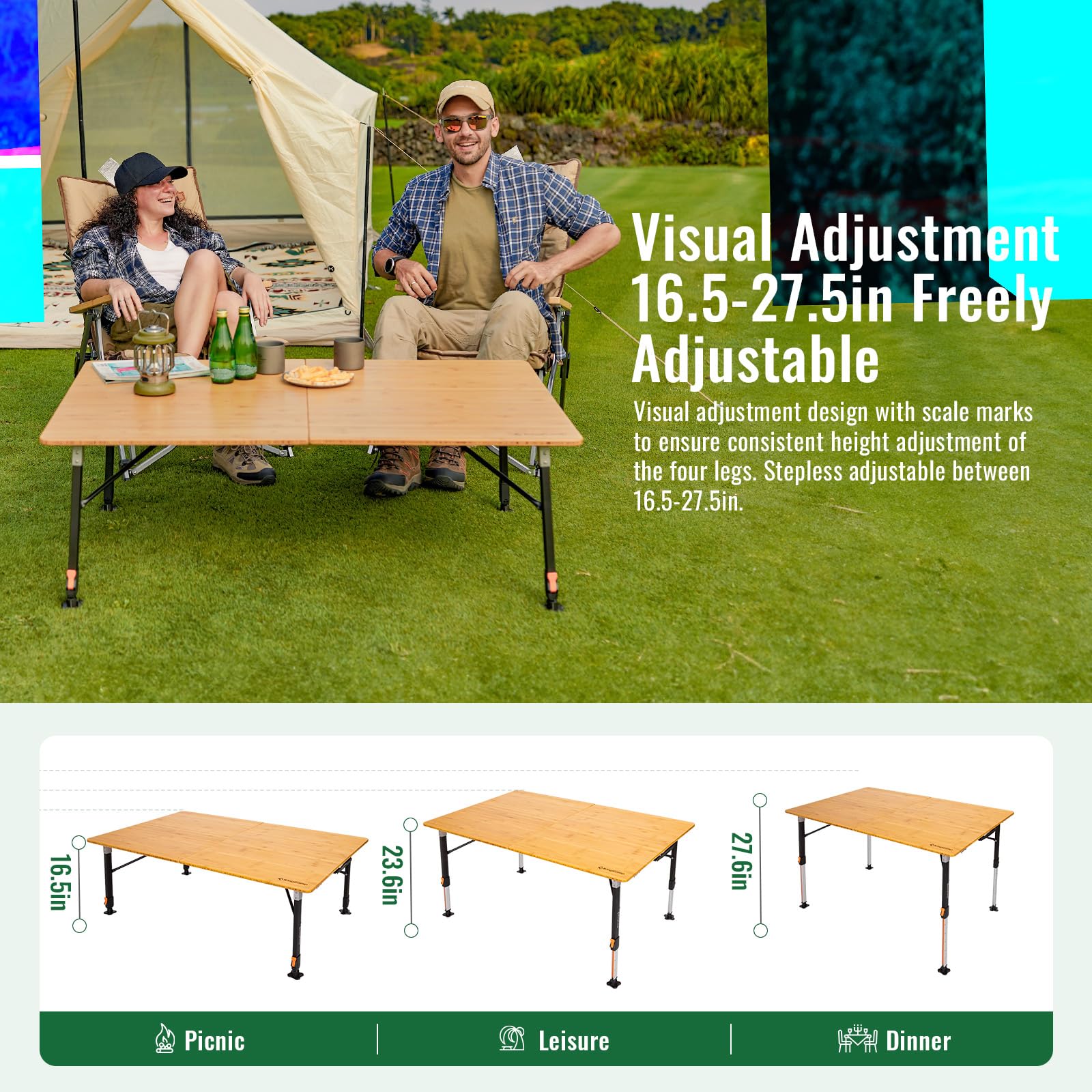 kingcamp-bamboo-folding-camping-table-pro-adjustable-height-4-fold-design image 6