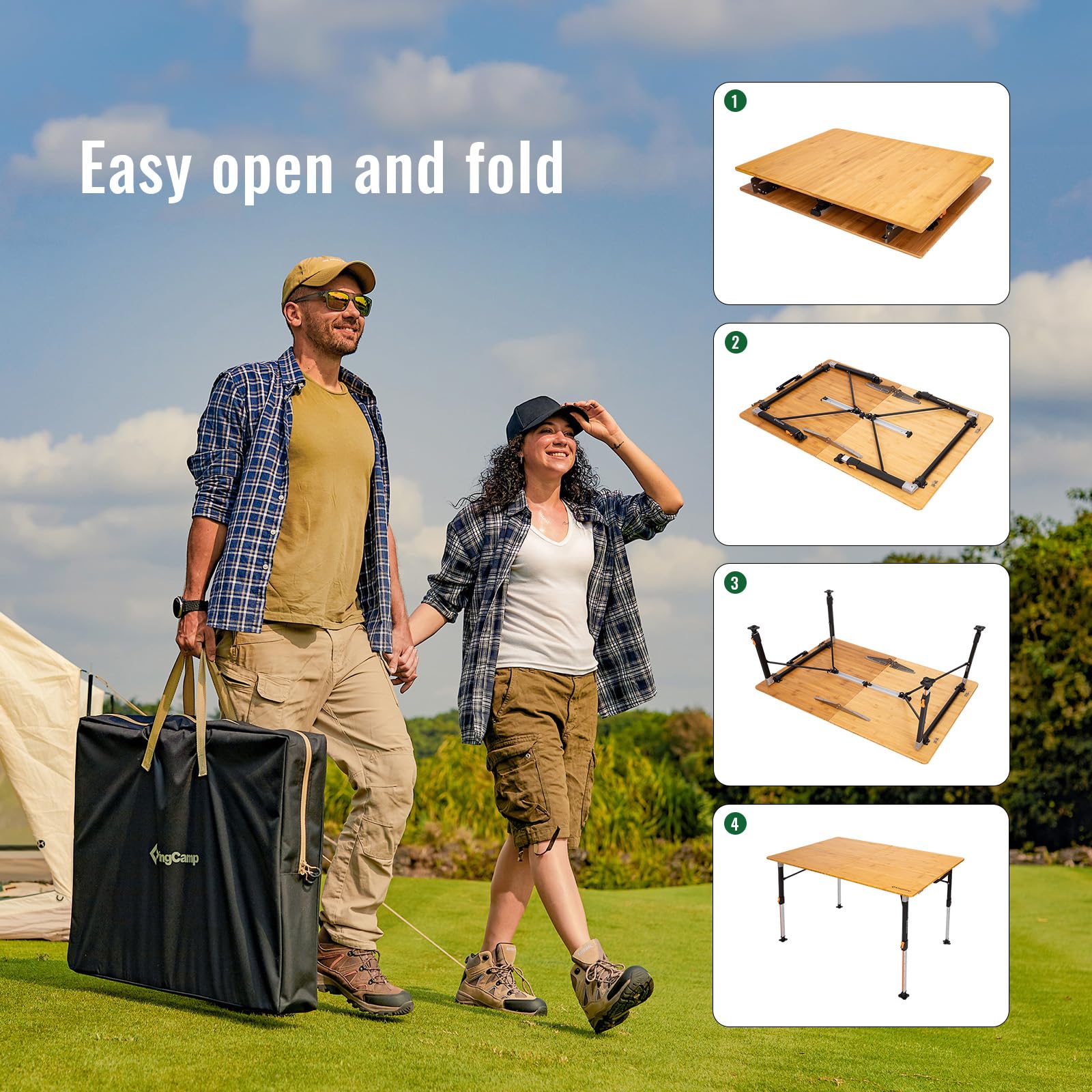 kingcamp-bamboo-folding-camping-table-pro-adjustable-height-4-fold-design image 8