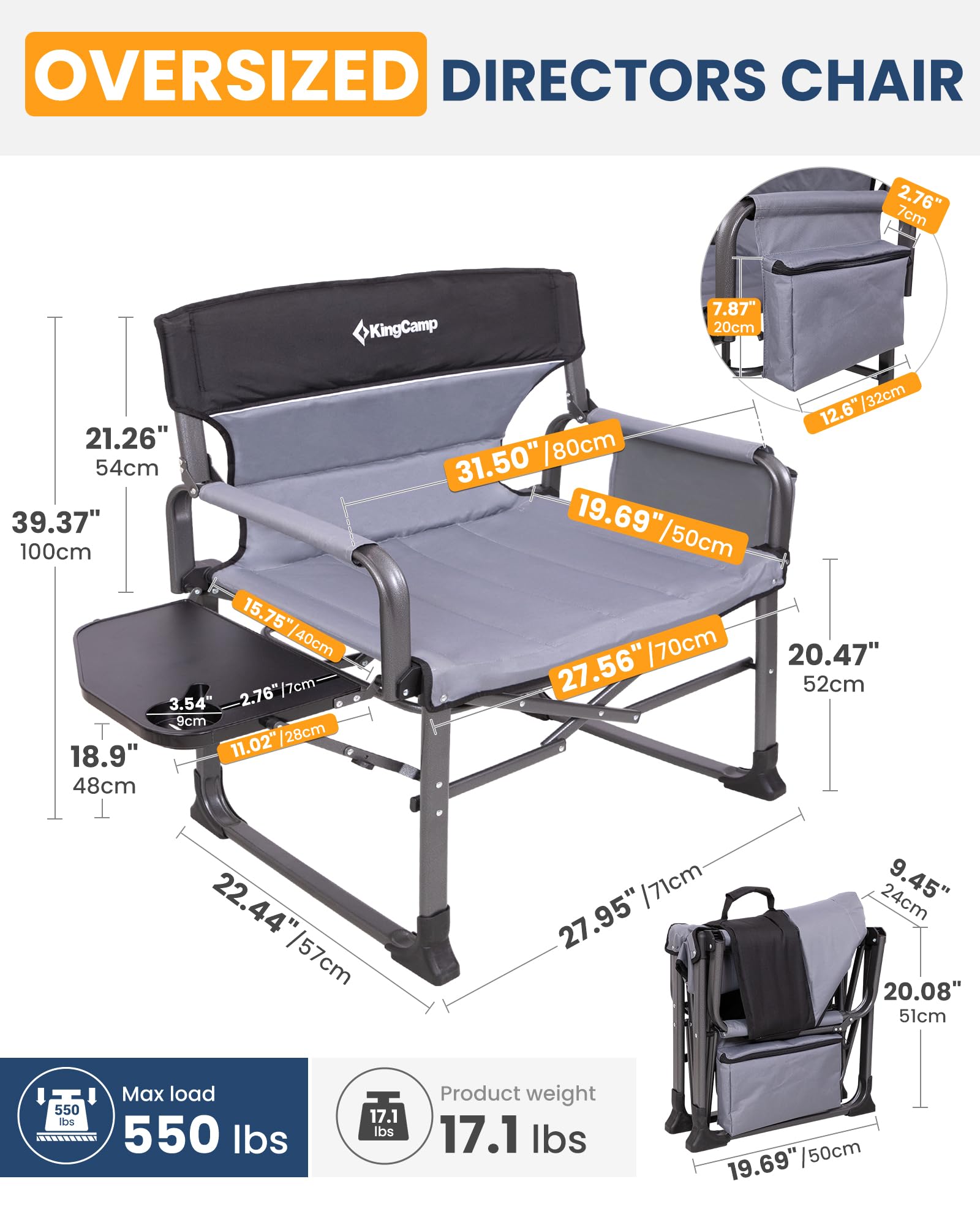 kingcamp-xxl-folding-padded-director-s-chair-with-side-table image 2
