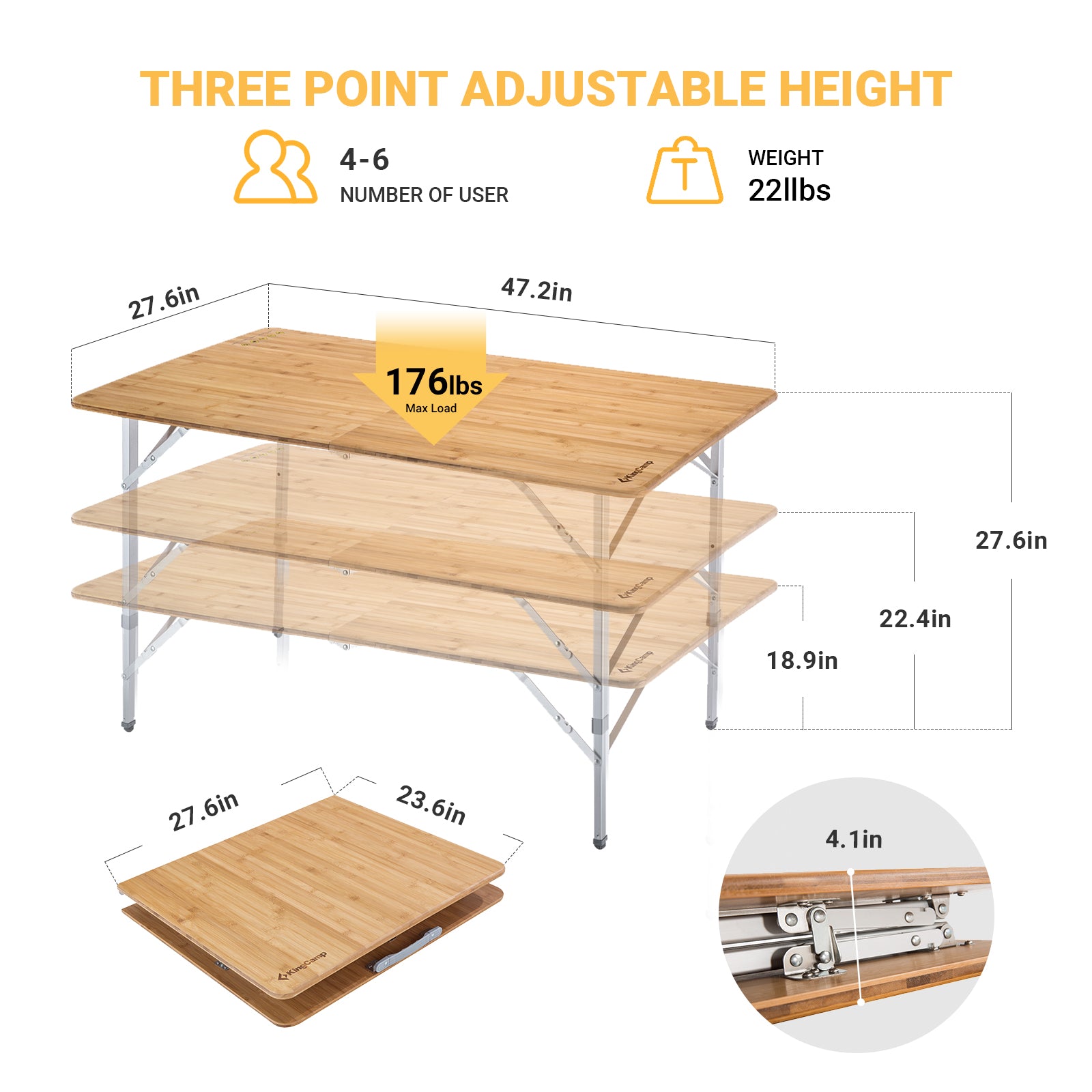 kingcamp-bamboo-folding-adjustable-height-camping-table-39-x-26-inches image 3