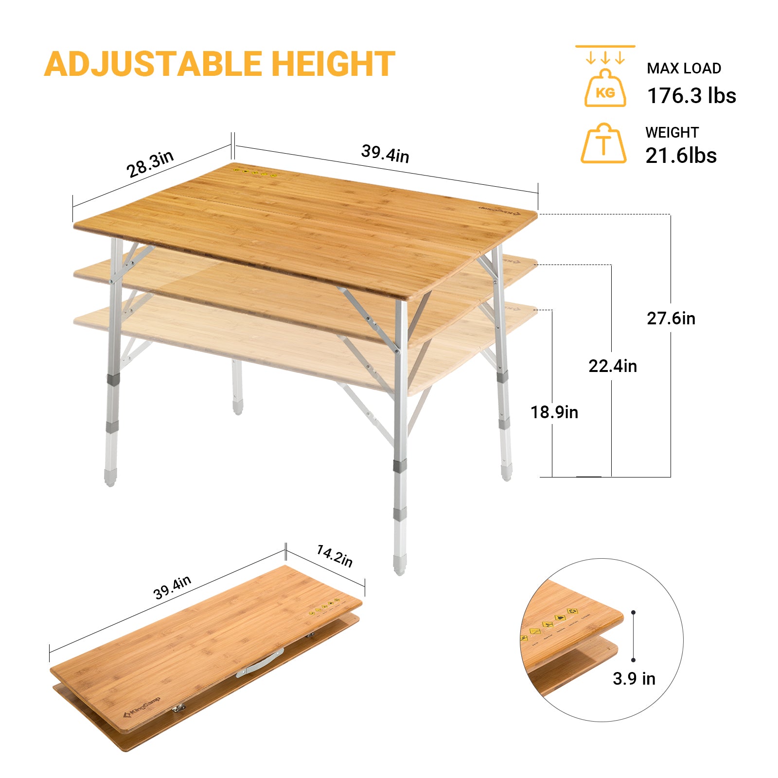 kingcamp-4-person-bamboo-adjustable-camping-table-39x28 image 2